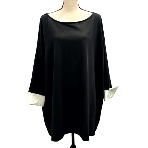 LAFAYETTE 148 NEW YORK BLACK COTTON TUNIC SWEATSHIRT W OFF WHITE FRENCH CUFFS